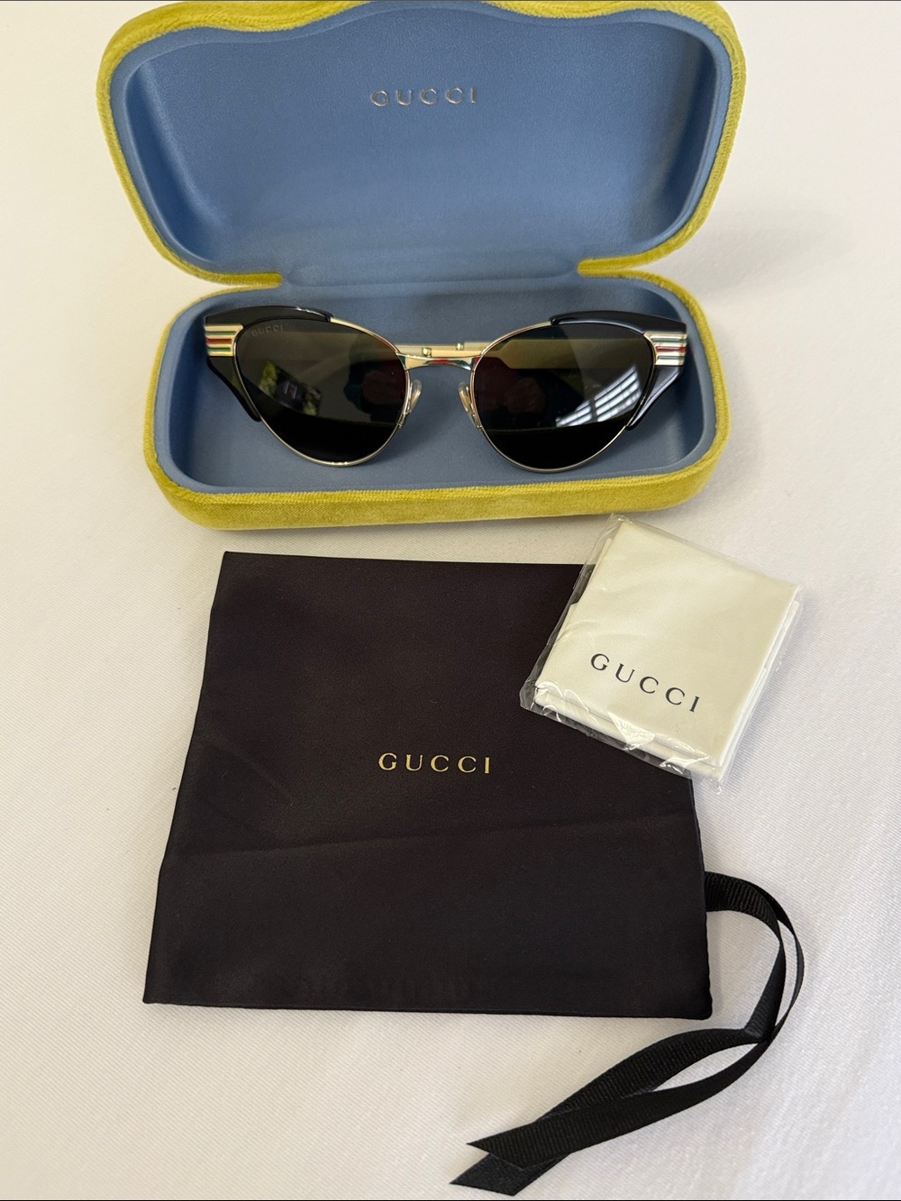 Gucci Womens Black Sunglasses with Green-Red-Green Temple Stripe- Cat Eye